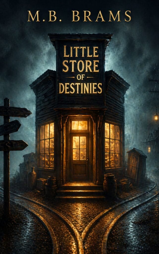 Book cover of Little Store of Destinies by M.B. Brams, showing a glowing antique shop in a dark, eerie street.