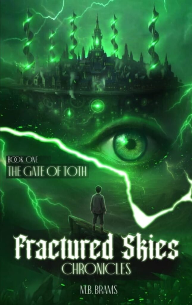 Book cover of Fractured Skies Chronicles: Book One – The Gate of Toth by M.B. Brams, featuring a glowing green eye above a lone figure in a dark sci-fi landscape.