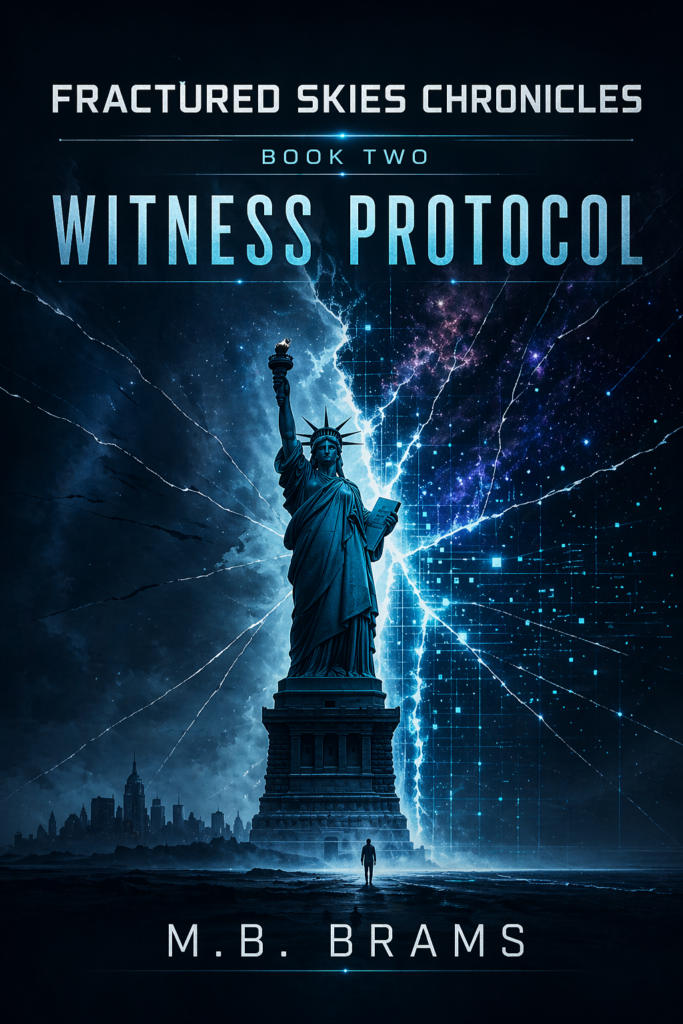 Book cover of Fractured Skies Chronicles: Book Two – Witness Protocol by M.B. Brams, featuring the Statue of Liberty split by a glowing fracture in a dark futuristic sky.