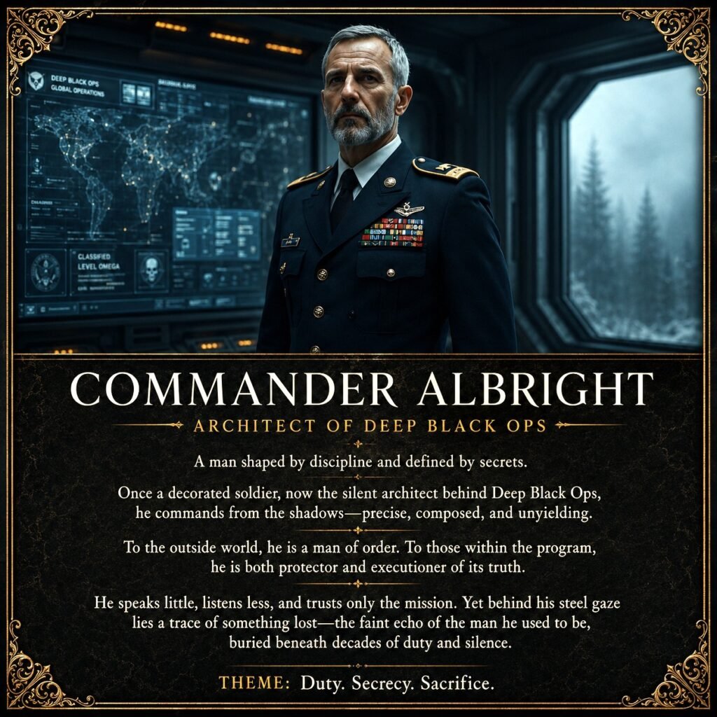 Dark cinematic character card of Commander Albright in military uniform inside a high-tech command room.