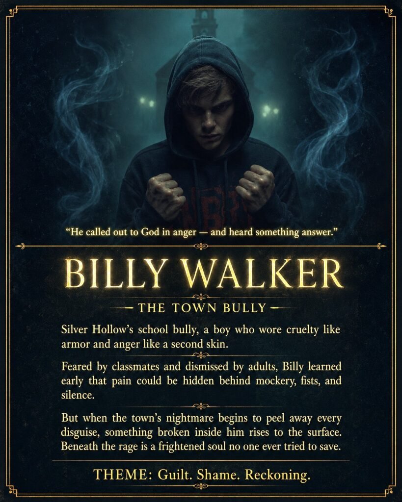 Billy Walker character card featuring a hooded teenage boy surrounded by eerie smoke in a dark supernatural setting.