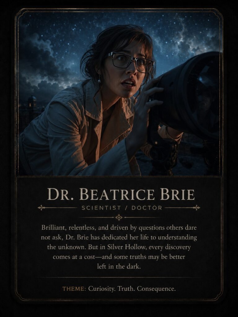 Character card for Dr. Beatrice Brie from Dark Soul of Mine, showing a concerned scientist using a telescope under a stormy night sky.