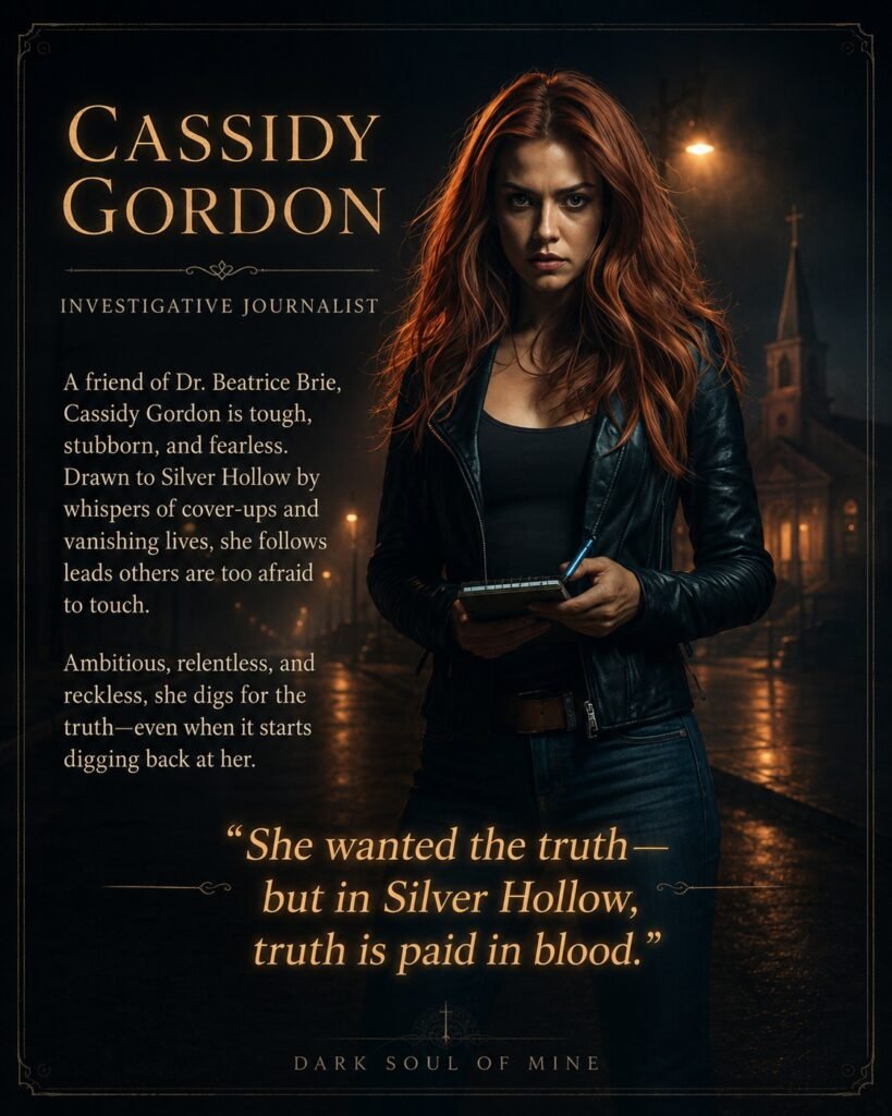 Character card for Cassidy Gordon from Dark Soul of Mine, showing a fearless investigative journalist standing on a rainy Silver Hollow street with a notebook in hand.