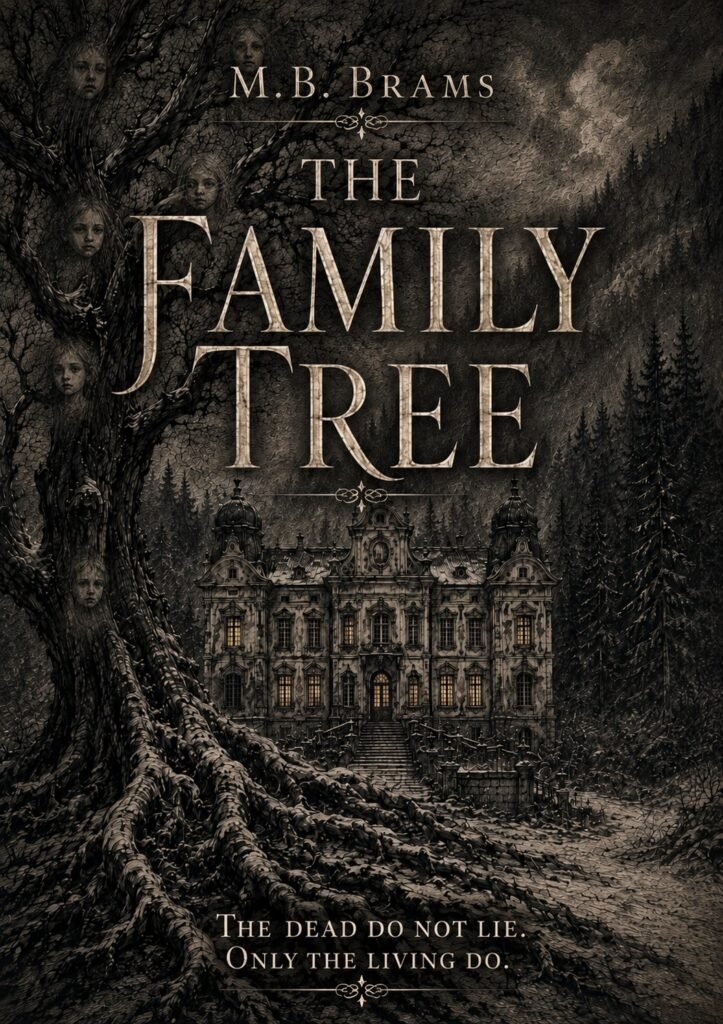 Short story cover for The Family Tree, showing a dark gothic manor, twisted tree roots, and faint haunted faces hidden in the surrounding branches.