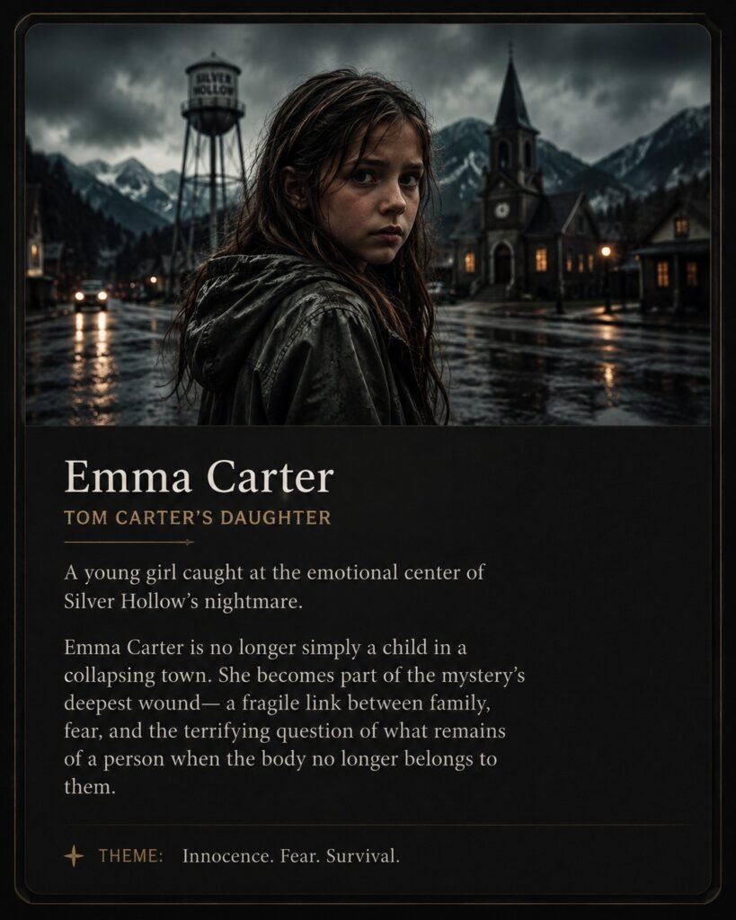 Character card for Emma Carter from Dark Soul of Mine, showing a frightened young girl standing on a rainy Silver Hollow street with a church, water tower, police lights, and stormy mountains behind her.
