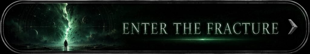 Enter the Fracture button showing a glowing green cosmic rift and a metaphysical sci-fi landscape with luminous title text.