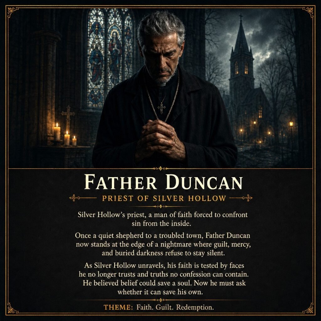 character card for Father Duncan from Dark Soul of Mine, showing Silver Hollow’s priest praying inside a dark church with stained-glass windows and a shadowy church exterior behind him.
