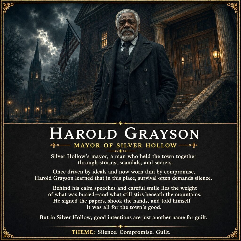 Dark cinematic character card of Harold Grayson, Silver Hollow’s mayor, standing outside Town Hall at night.