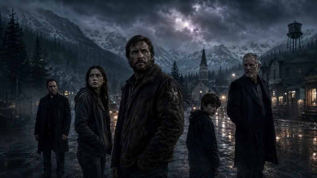 Dark Soul of Mine character hero image showing Sheriff Tom Carter and other Silver Hollow characters standing on a rainy mountain-town street under storm clouds.