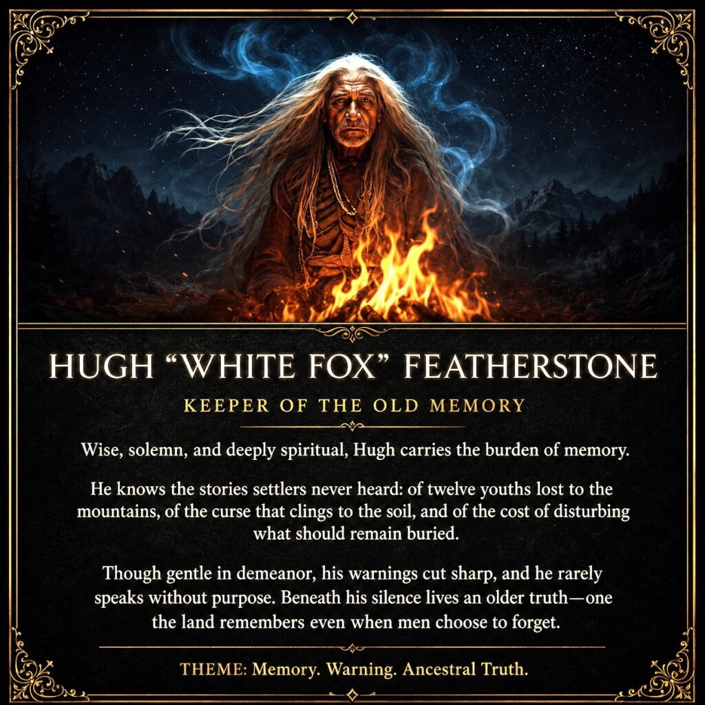 Dark cinematic character card of Hugh “White Fox” Featherstone, an elderly spiritual elder by a campfire beneath a starry mountain sky.