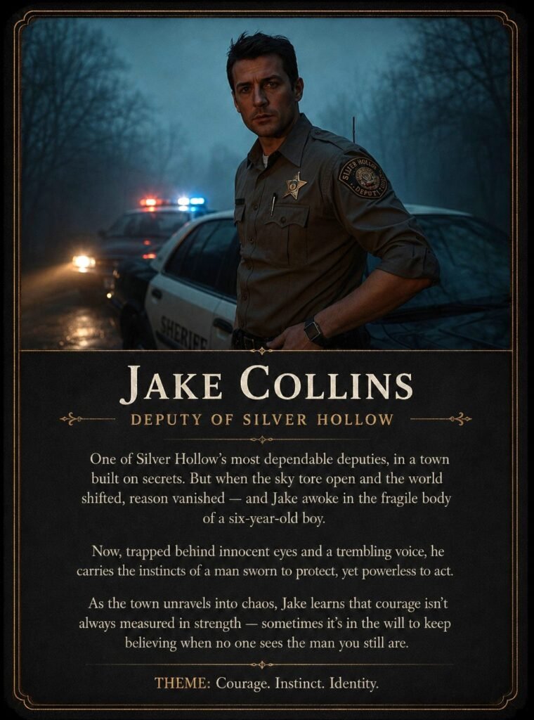 Character card for Jake Collins from Dark Soul of Mine, showing a Silver Hollow deputy standing beside a patrol car on a misty road with police lights behind him.