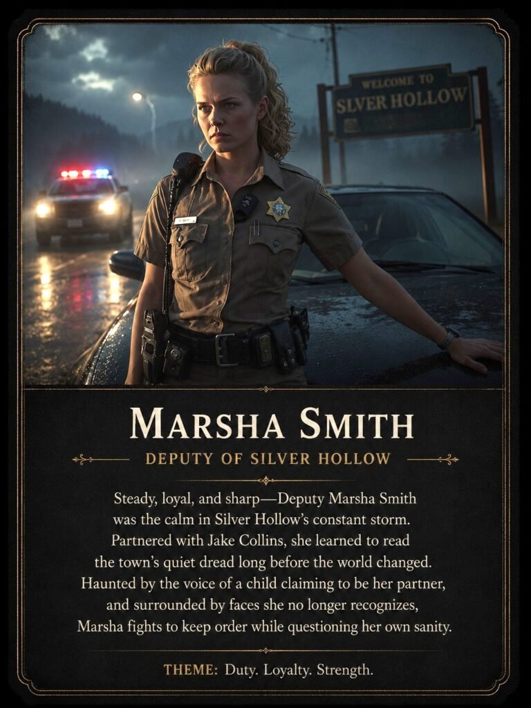 Character card for Marsha Smith from Dark Soul of Mine, showing a serious Silver Hollow deputy standing beside a police car near the town sign in a foggy night setting.