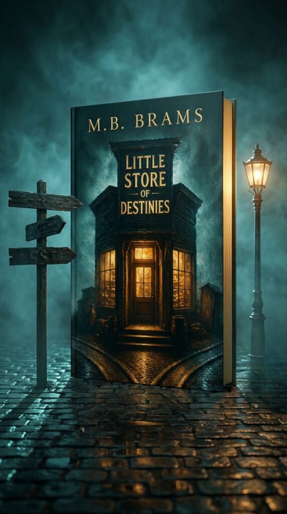 Book cover for Little Store of Destinies by M.B. Brams, showing a mysterious glowing antique store on a dark rainy street with fog and a streetlamp.
