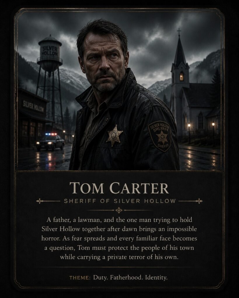 Character card for Tom Carter from Dark Soul of Mine, showing the sheriff of Silver Hollow standing on a rainy town street with a church, water tower, police lights, and stormy mountains behind him.