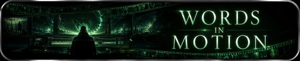 Words in Motion trailer button showing a green sci-fi editing control room, film strips across the top and bottom, and glowing title text.