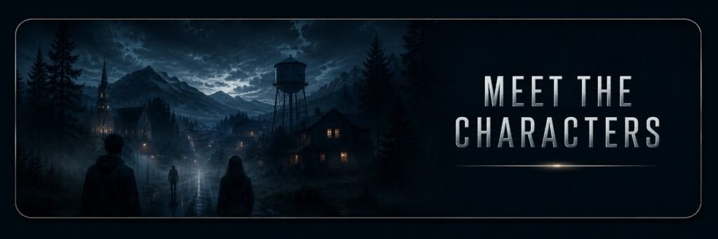 Meet the Characters button showing a dark thriller-style view of Silver Hollow at night, with shadowed figures walking through a misty mountain town.