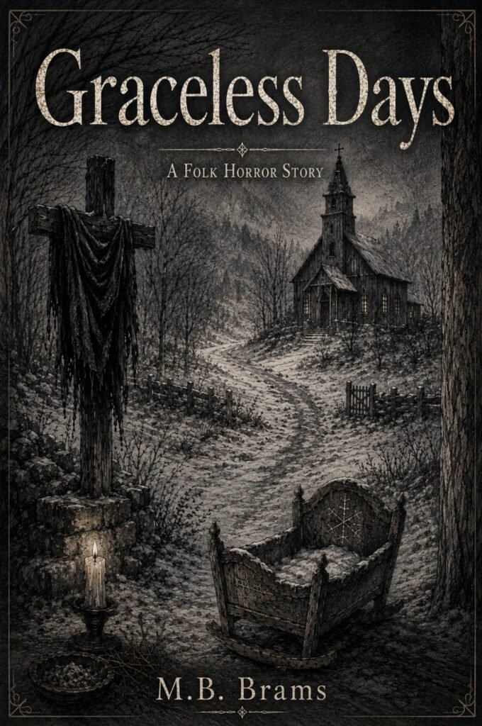 Short story cover for Graceless Days by M.B. Brams, showing a bleak rural landscape with a church, scarecrow, cradle, and dark folk horror atmosphere.