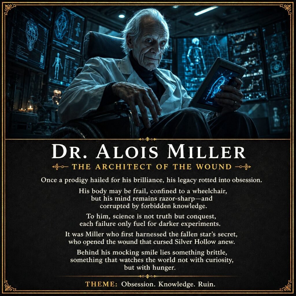 Dark cinematic character card of Dr. Alois Miller, an elderly scientist in a wheelchair inside a cold blue-lit laboratory.