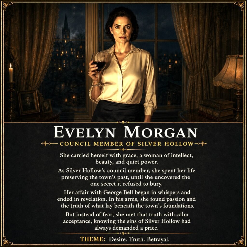 Dark cinematic character card of Evelyn Morgan, Silver Hollow council member, holding wine by a window at night.