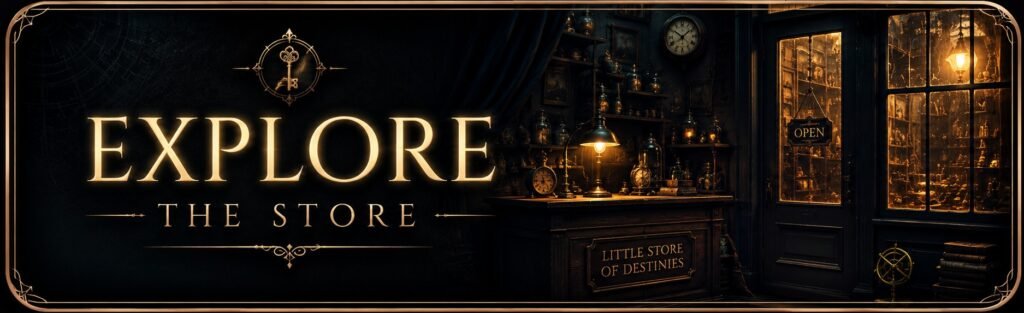 Explore the Store button showing the warmly lit interior of an antique shop filled with clocks, jars, old objects, and a doorway leading into the Little Store of Destinies.