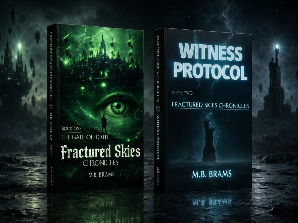 3D mockup of the Fractured Skies Chronicles series by M.B. Brams, showing The Gate of Toth and Witness Protocol standing side by side in a dark sci-fi setting.