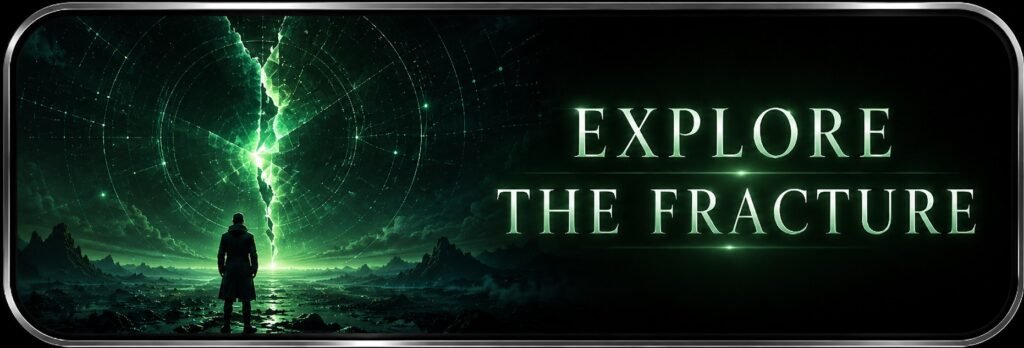 Explore the Fracture button showing a green metaphysical sci-fi fracture in the sky, with a lone figure standing before glowing cosmic chart lines.