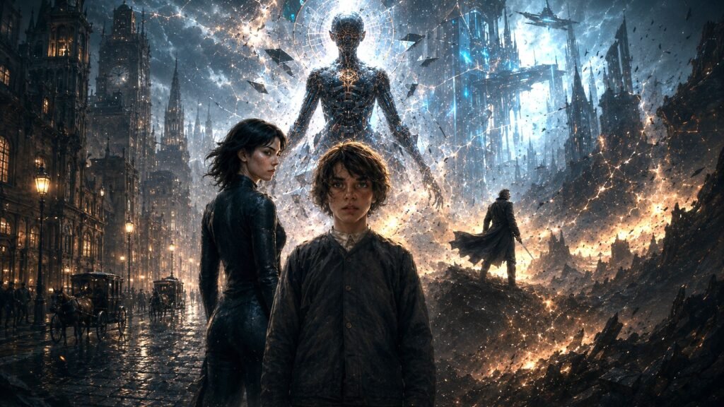 Cinematic sci-fi fantasy hero image showing a young boy, a dark-haired woman, a towering biomechanical figure, and fractured worlds merging beneath a cracked cosmic sky.