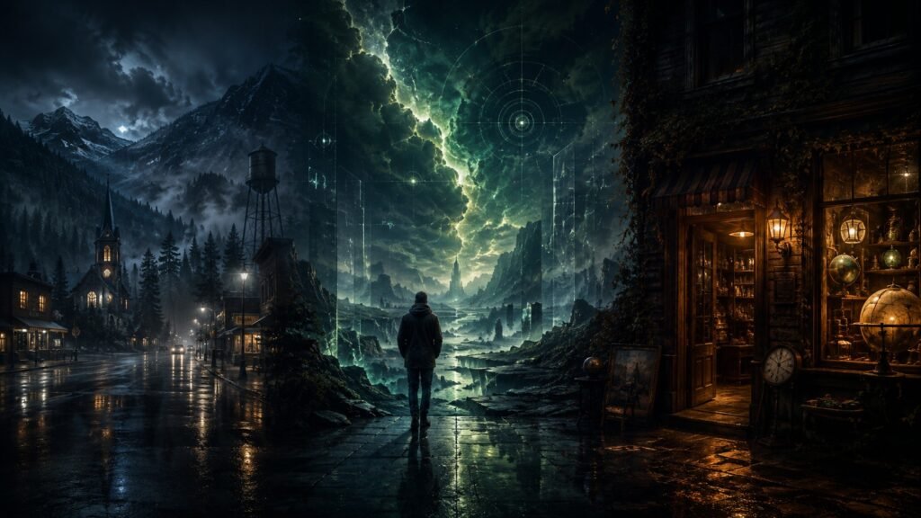 Hero image for the Brams Worlds page showing three connected realms: a rainy mountain town, a glowing green cosmic fracture, and a warmly lit antique store at night.