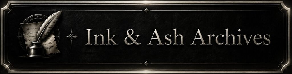 Ink & Ash Archives button with a dark metallic frame, quill pen, ink pot, parchment, and elegant glowing text.
