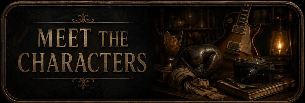 Meet the Characters button showing symbolic objects from Little Store of Destinies, including a guitar, boxing glove, trophy fragment, camera, notebook, and lantern.