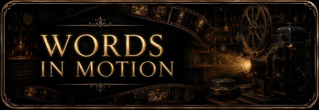 Words in Motion button showing a vintage film projector, film strips, and glowing title text inside a dark antique-store inspired cinematic frame.