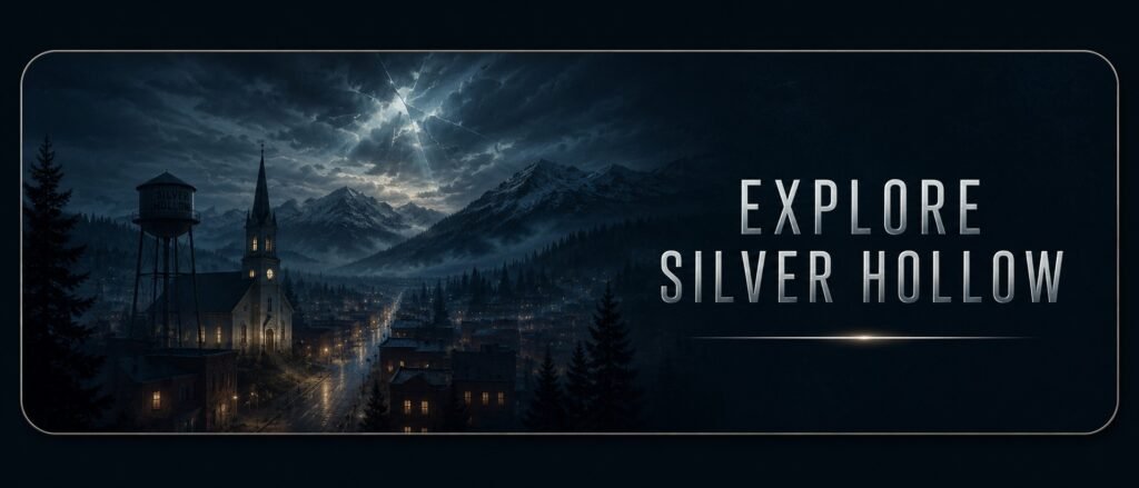 Explore Silver Hollow button showing a dark Colorado mountain town at night with a church, water tower, mist, and a fractured stormy sky.