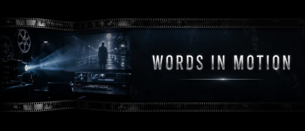 Words in Motion button showing a dark cinematic editing room with a film projector, film strips across the top and bottom, and glowing title text.